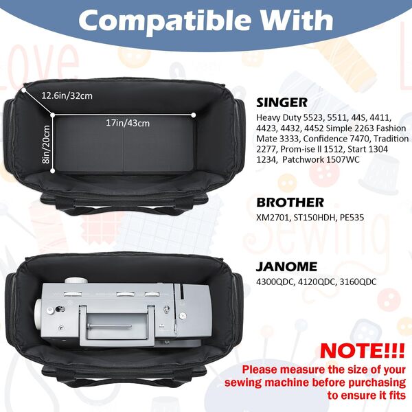 Étui pour machine à coudre avec roulettes – Sac fourre-tout à roulettes pour machine à coudre avec fond amovible et plusieurs poches de rangement, compatible avec Singer & Brother (gris)