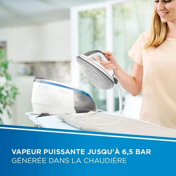 Polti Vaporella Next VN18.25, centrale vapeur avec chaudière haute pression, 6,5 bar, autonomie illimitée, fonction TURBO, chauffe rapide 2 minutes, blanc/bleu