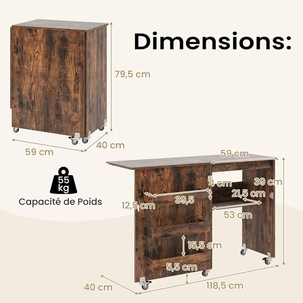 RELAX4LIFE Table de Couture Pliable avec Grand Plateau, 3 Compartiments, Étagère de Rangement, Meuble Gain de Place à roulettes pour Aiguilles, Fils et Ciseaux (Marron)