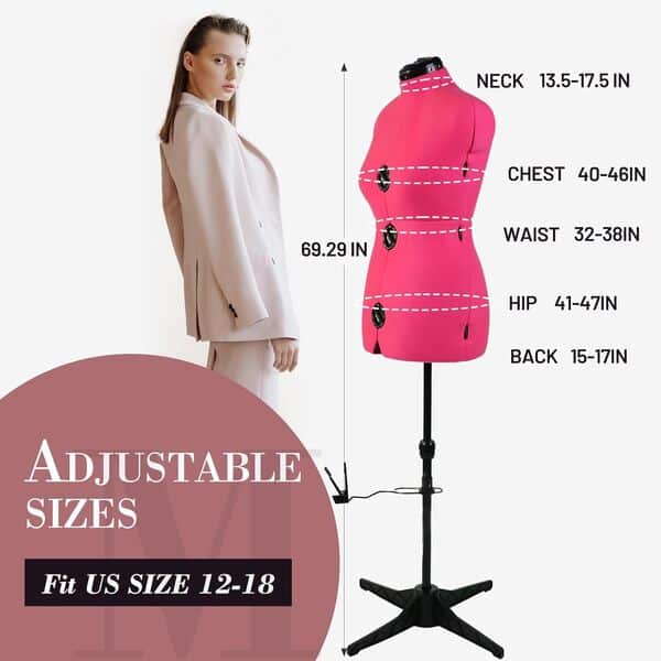 Formes de robe à coudre - Mannequin femme rose réglable taille 40-46, corps de modèle à épingler avec 13 cadrans et guide d'ourlet à 360 degrés, hauteur réglable jusqu'à 190,5 cm pour