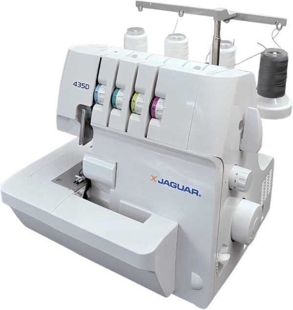 Jaguar 435D Surjeteuse Overlock, 3/4 fils, enfilage codé par couleur, transport différentiel, coupe-fil automatique, bras libre, blanc.