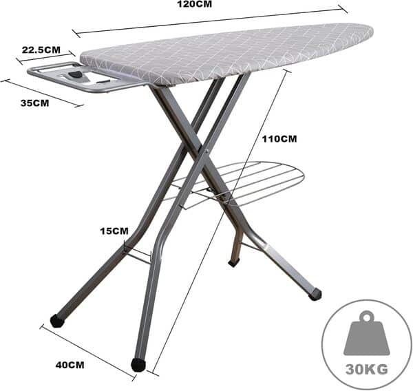 TEENO Table à Repasser Pliable 120 x 45 cm,pour Centrale Vapeur,Verrouillage Sécurisé,7 Réglages De Hauteur, Housse en Coton 100%,Support De Fer Intégré,Universel pour La Maison/La Laverie(Gris)