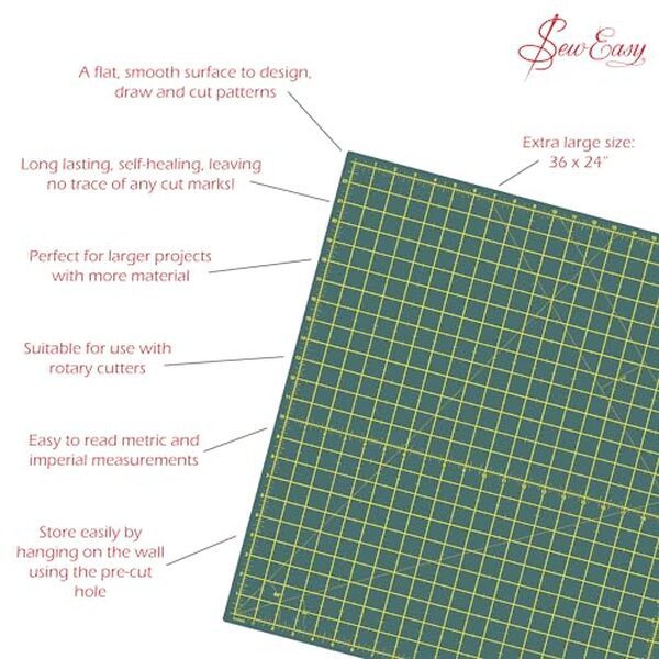 Découvrez le tapis de découpe auto-cicatrisant Sew Easy 90x60 cm pour des découpes précises et un confort optimal. Idéal pour les passionnés de couture et d'artisanat.